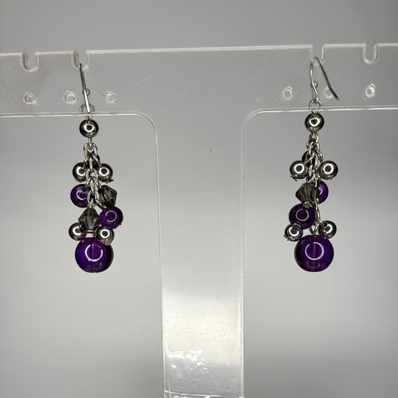Purple and Silver Cluster Drop Earrings - Picture 4 of 4